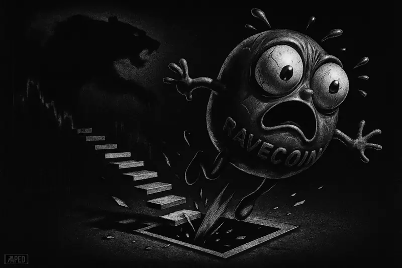 A rave-like inflated creature falls through breaking order-book steps as a shadow bear rises below in a dark financial crash scene.