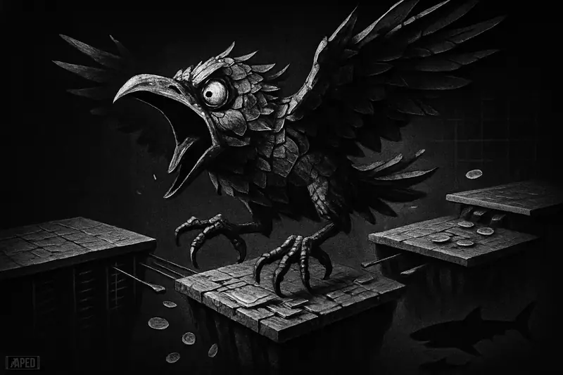 A metallic raven leaps between fractured trading platforms over a dark void, with broken ledgers and thin market structures collapsing beneath it.