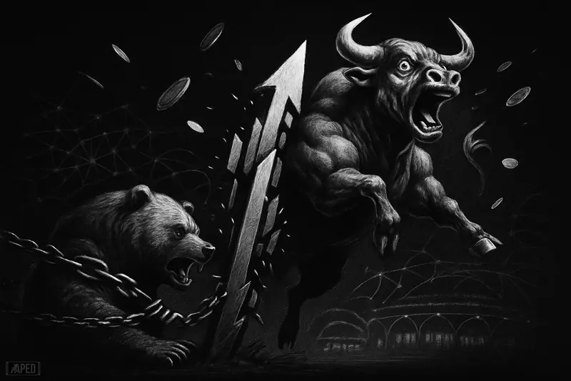 A manic bull rockets upward as a bear is squeezed backward amid sparse tokens and dark network structures on a black market-themed backdrop.