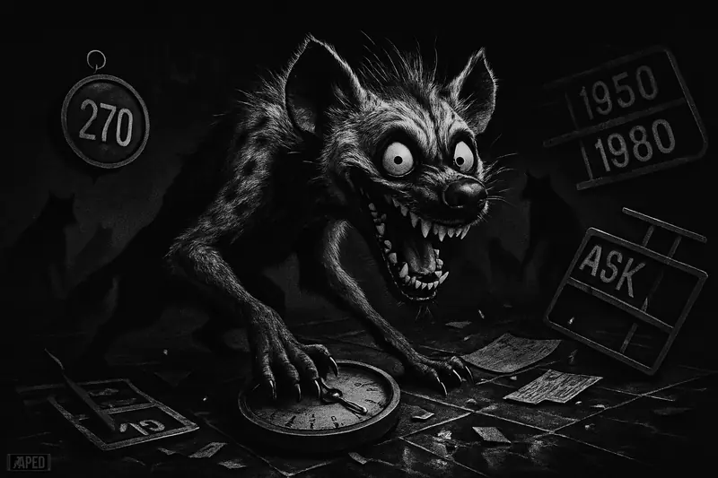 A crazed hyena on a shattered trading floor, surrounded by broken scales, torn ledgers, and shadowy predators in a dark grayscale scene.