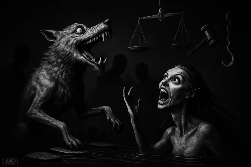 A wolf and siren-like creature surge upward in a dark market scene with fragile footing, shadowy traders, and symbols of scrutiny.