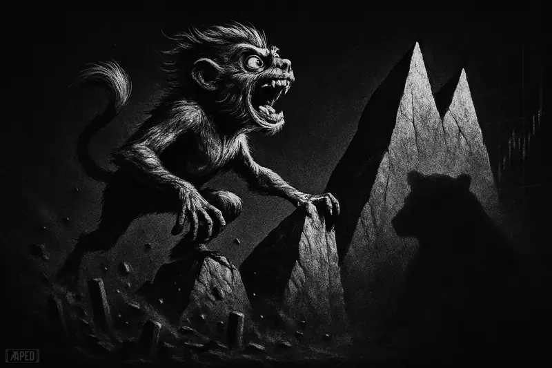 A wild beast climbs a steep twin-peaked spire in grayscale as momentum stalls and a shadowy bear emerges below.