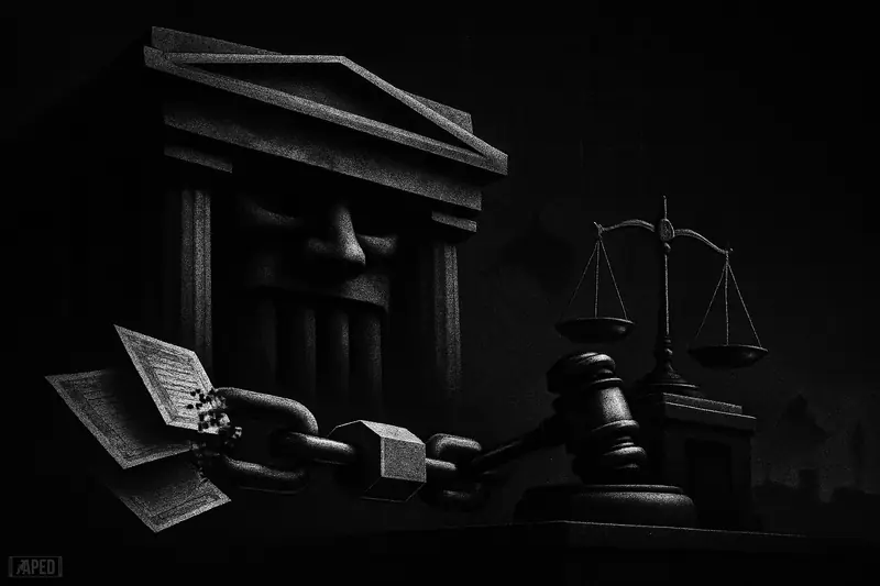 A stern, exaggerated central bank building looms over pipes turning into linked blocks, with gavel and scales in a dark data-grid backdrop.