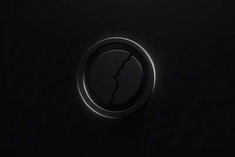A dark metallic disk with crack lines, encircled by a neon ring of downward arrows over a black, smoky background