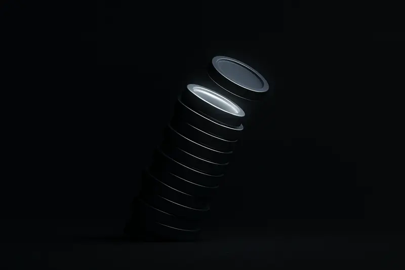 A tall stack of glowing digital coins with a missing central block, tilting on a dark, minimal futuristic background.