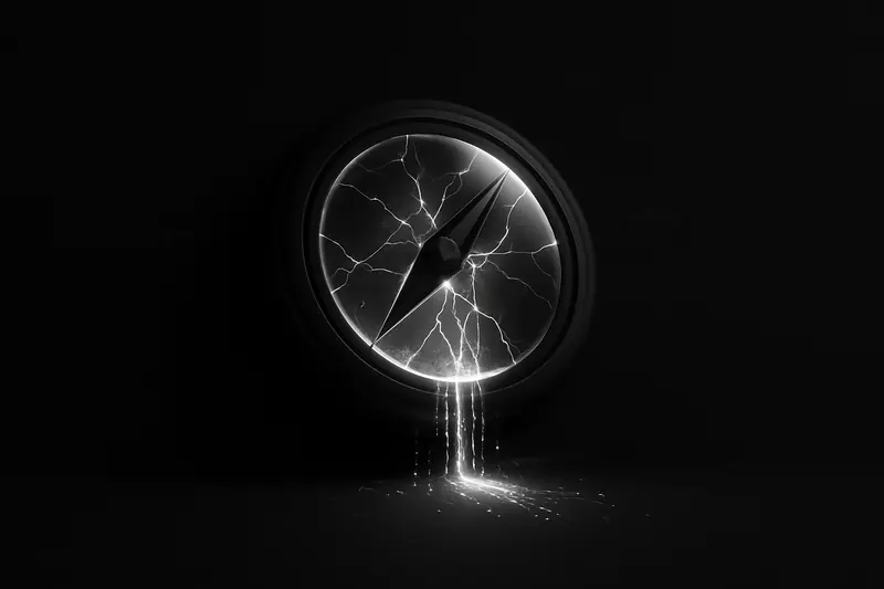 Cracked crystalline compass hovering over a dark grid, spilling neon blue price lines and shards into a black void.