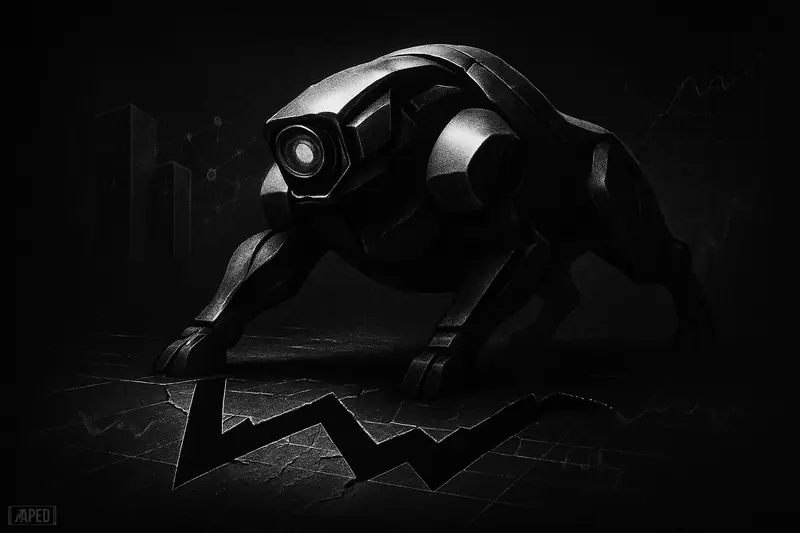 A futuristic metallic machine strides over a W-shaped floor pattern in a dark grayscale scene, suggesting a bullish breakout.