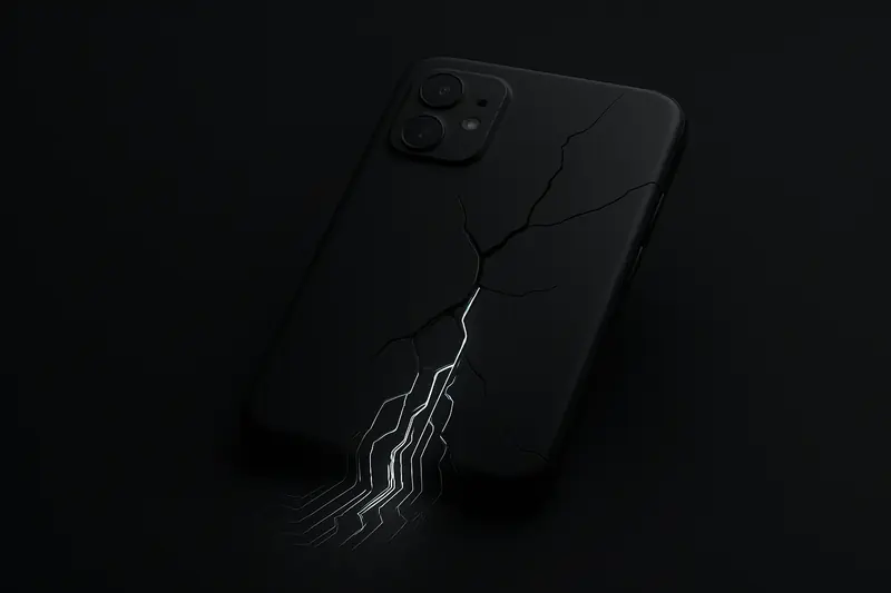 Cracked black smartphone with neon circuitry spilling out as thin data streams into a dark web of glowing nodes.