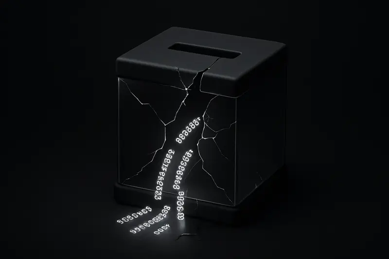A shattered, glass-like ballot box spilling neon digits and chain-link fragments onto a dark, smoky background