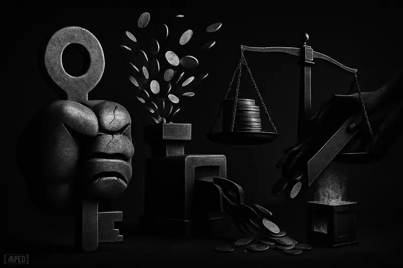 A cracked vault lock and fist-like key loom over a mint spewing blank coins, a tilting scale, and hands dumping tokens into darkness.