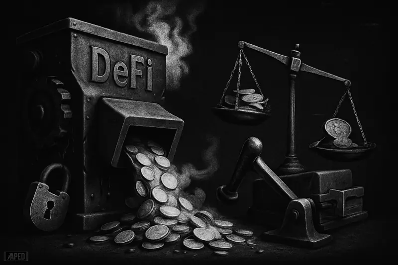 A broken coin-mint machine spills blank coins as a snapped lock and slammed brake signal a paused protocol amid depeg chaos.
