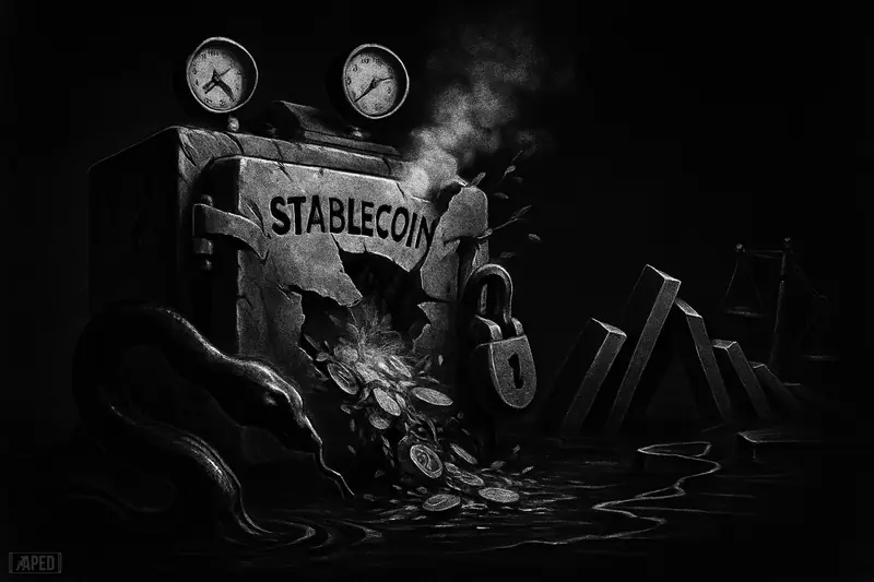 A ruptured vault machine leaks metallic debris as a shadowy serpent escapes, while DeFi structures collapse across a dark grayscale grid.