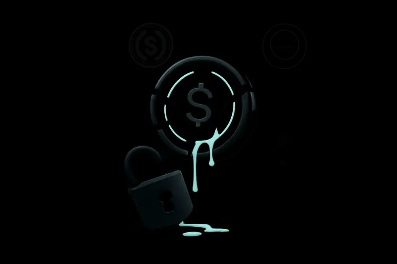 A dark coin-like disc split with glowing cracks, leaking neon fluid beside a shattered padlock on a black background.