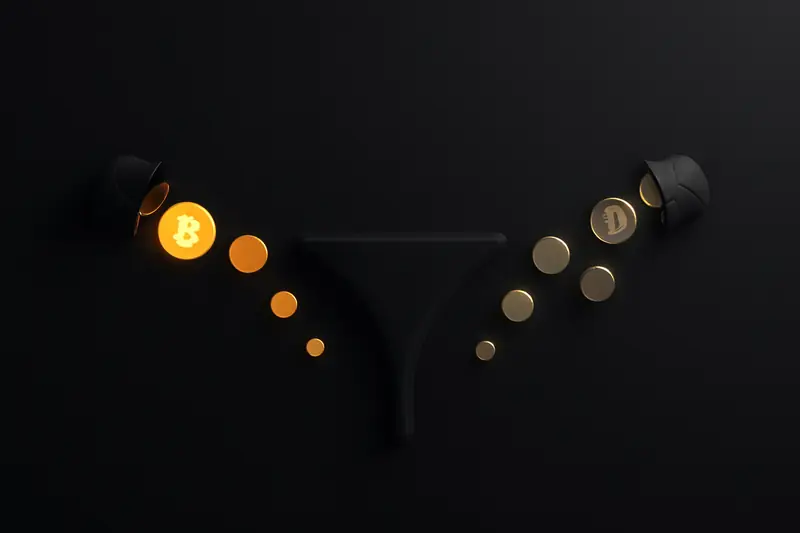 On a black background, small cracked glass jars spill glowing coins into a narrowing neon wedge funnel, hinting impending burst.
