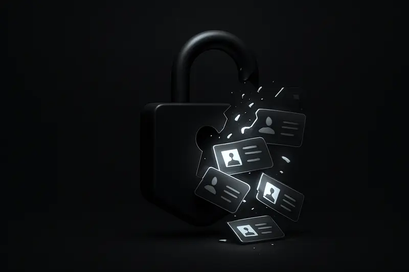 A fractured steel padlock on black background, with glowing fragmented ID-card shapes and digital noise leaking from the crack.
