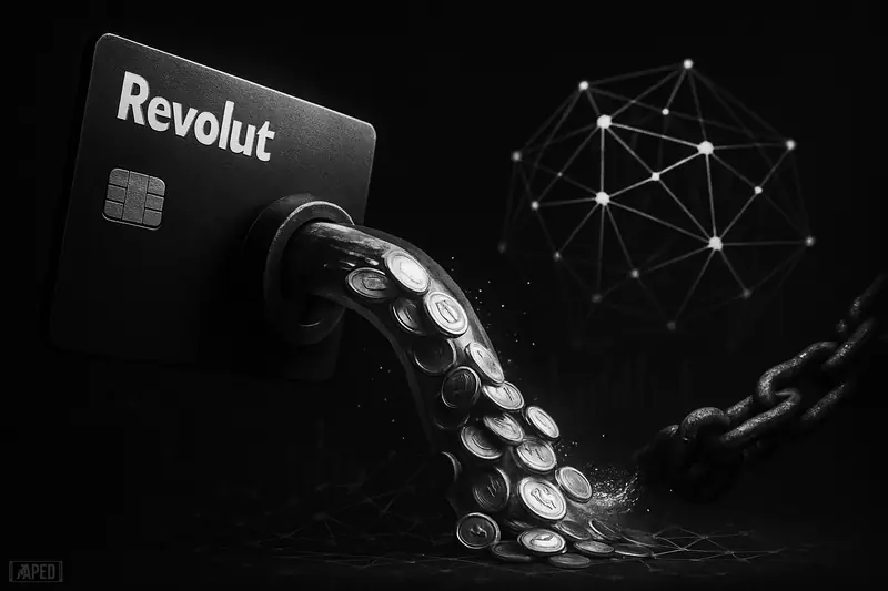 A giant payment card and vault send a flood of tokens through a pipeline into a polygonal node network on a dark data-grid background.