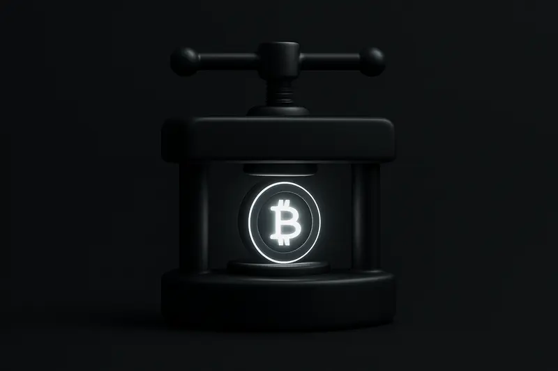 A luminous coin encased in a dark steel clamp, with faint circuit lines and floating option-chain curves on black.