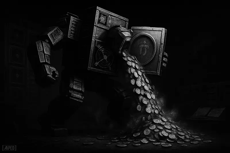 A grayscale industrial mining creature dumps a flood of coins in a dark server hall, symbolizing a disciplined bitcoin treasury selloff.