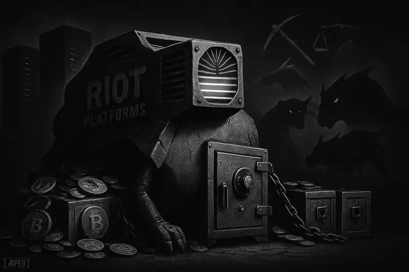 A battered mining machine-vault dumps coin stacks in a dark grayscale scene, surrounded by ominous server towers and symbols of post-halving pressure.