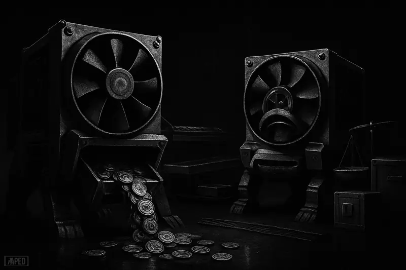 Two exaggerated mining machines dump piles of bitcoin-like tokens into shadowy vaults under dramatic grayscale lighting and a dark data-grid backdrop.