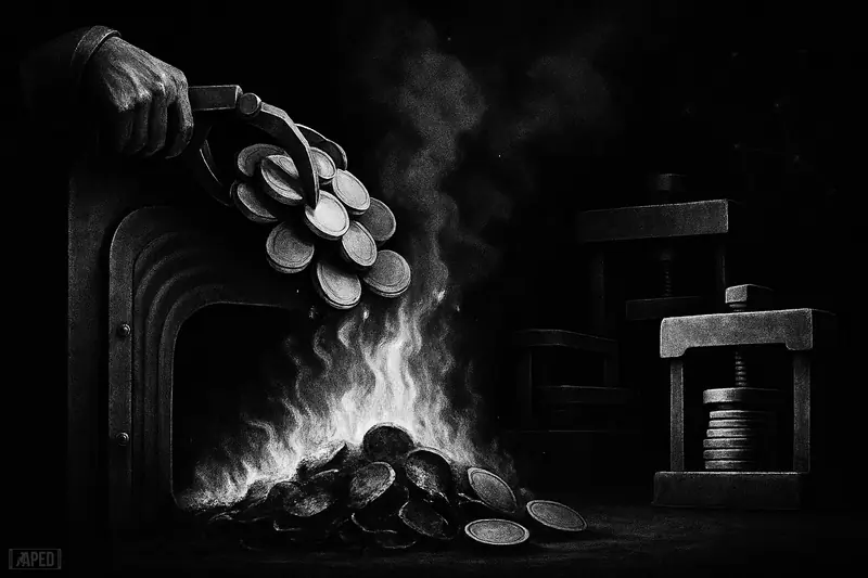 A massive treasury furnace burns a heap of blank tokens while a vise compresses remaining stacks, set against a dark data grid.