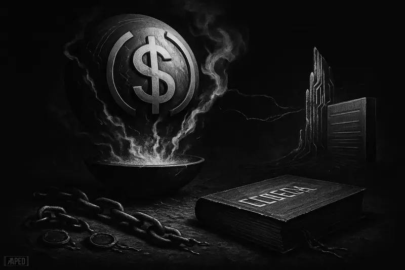 A metallic vault-like stablecoin sphere burns away above a dark basin, with ledgers, chains, and cross-chain structures in grayscale.