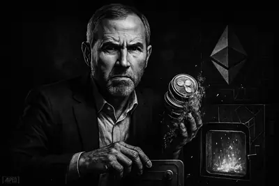 Brad Garlinghouse stands over a furnace, burning metallic tokens in a dark grayscale scene with blockchain machinery and a faint data-grid backdrop.