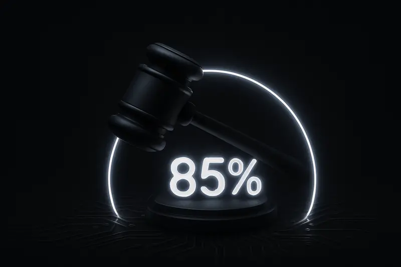 A luminous gavel hovers above dark circuit-board patterns, projecting a bright semicircular gauge reading 85% in neon light.