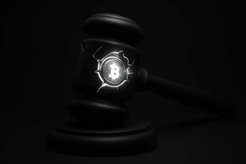 A broken black gavel with neon-blue fractures, exposing a glowing circuit-like core on a dark smoky background.