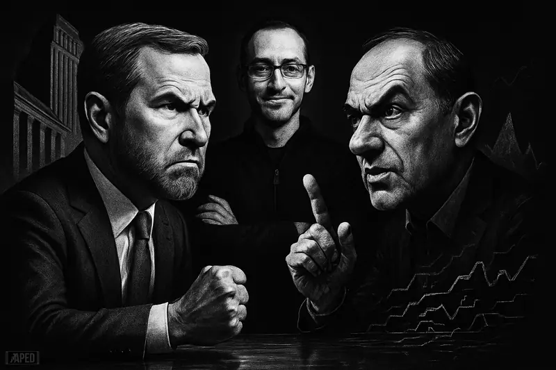 Brad Garlinghouse and Emin Gün Sirer glare at each other across a dark desk while Paolo Ardoino watches in a moody grayscale crypto showdown.