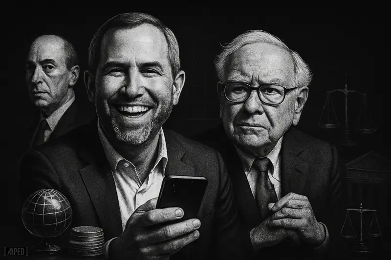 Brad Garlinghouse smirks with phone in hand beside skeptical Warren Buffett, while Gary Gensler watches in a dark grayscale financial scene.