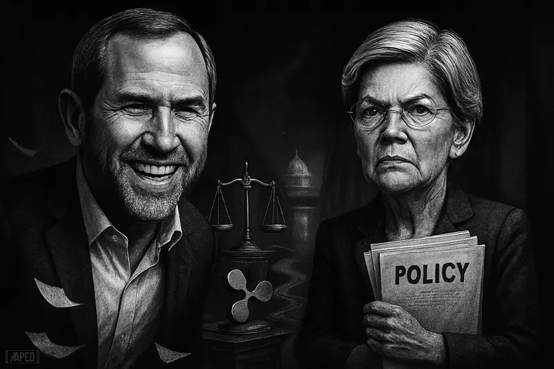 Brad Garlinghouse and Elizabeth Warren face off in a dark Capitol-courtroom scene with regulatory symbols and a Ripple-inspired network sculpture.
