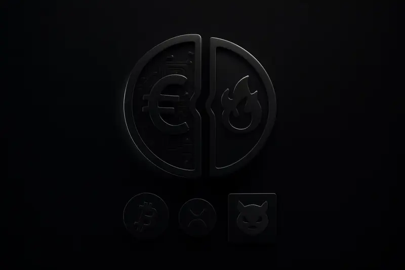 Split dark coin hovering on black background, one half a glowing euro circuit ring, the other a fiery paw-shaped imprint.