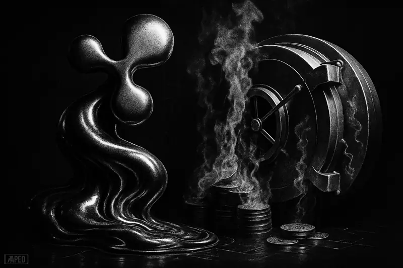 A metallic ripple-shaped creature coils around an open vault as fading token discs sink into a dark, gridded floor.