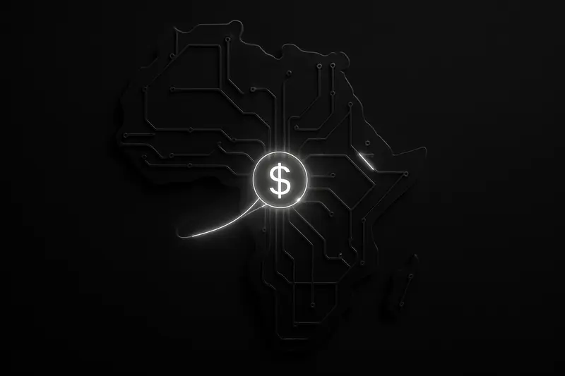 A dark map-shaped silhouette of Africa filled with neon circuit lines, crossed by a glowing dollar-like orb trail.