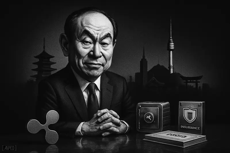 Yoshitaka Kitao stands confidently in a dark boardroom, surrounded by symbolic cross-border finance objects and a fused Japan-Korea skyline.