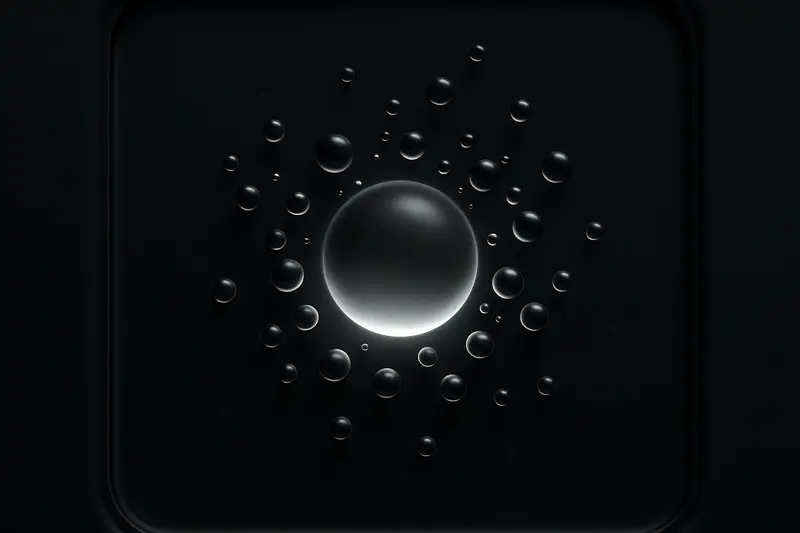 A luminous silver-blue orb of liquid divides into droplets, streaming into a geometric hexagonal lattice on black.