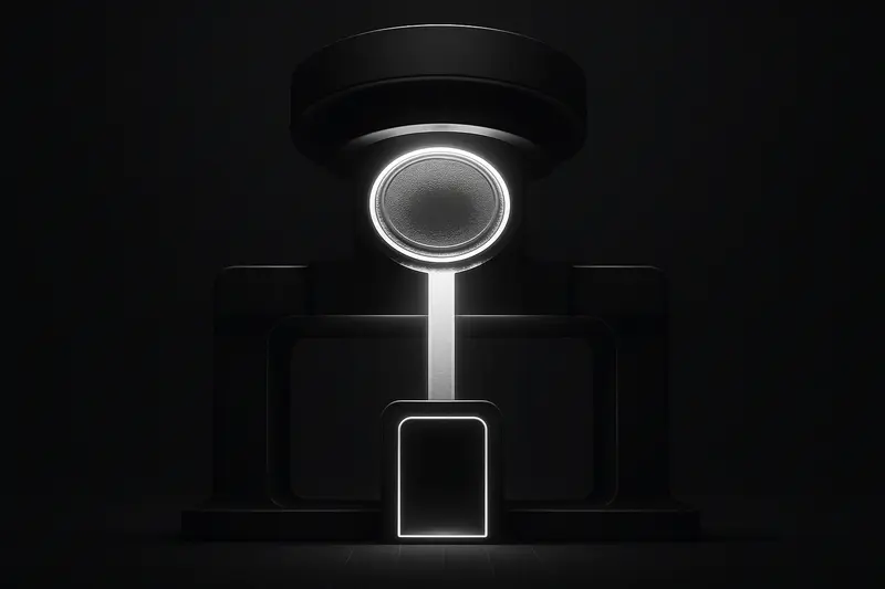 Dark metallic minting press ejects a bright stream of coins into a geometric portal over a black, circuit-like ledger grid