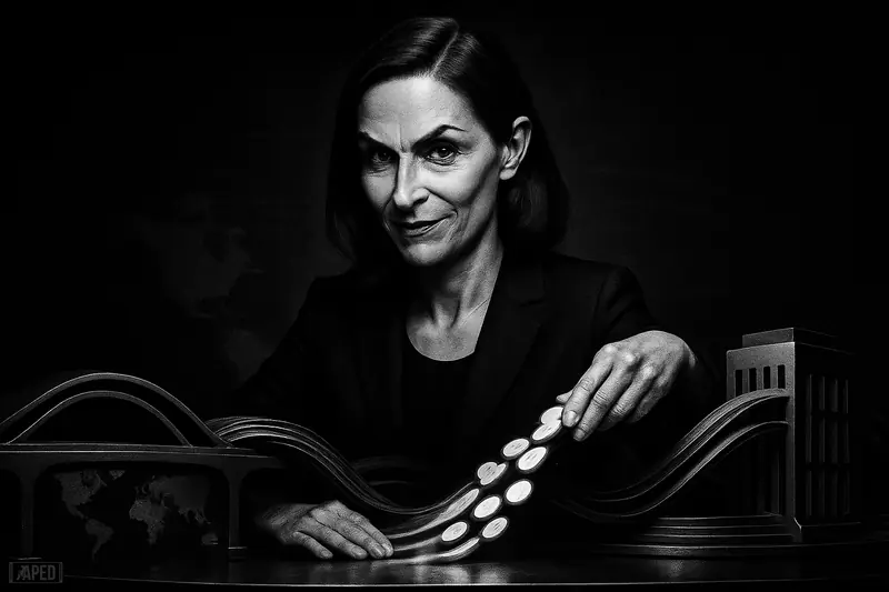 Monica Long stands confidently amid flowing payment rails and liquidity channels in a dark grayscale financial scene.