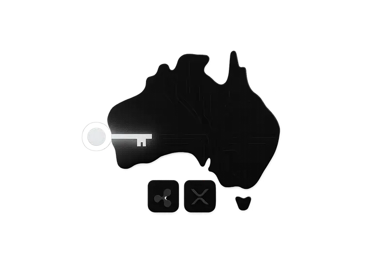 Neon key hovering over an Australia-shaped circuit board, unlocking a bright ring of connected nodes on a black background
