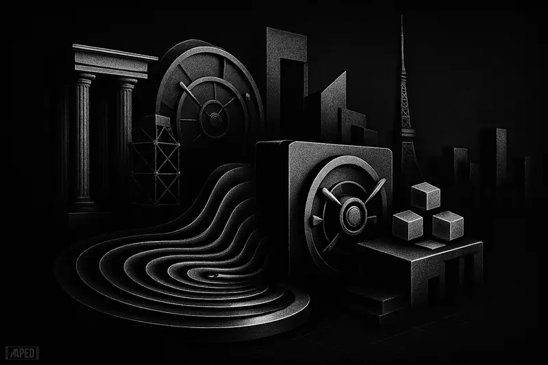 A futuristic ripple-like finance machine channels tokenized assets toward a dark Tokyo skyline amid vaults, banking forms, and blockchain network structures.