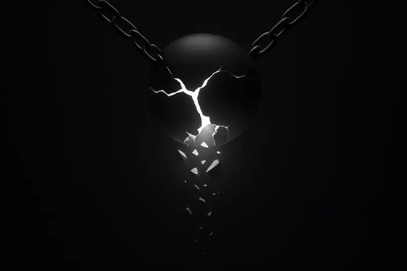 A cracked, chained luminous sphere releases glowing shards that cascade downward into a dark, minimal futuristic void.