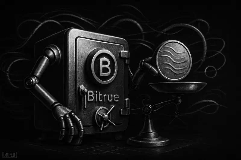 A metallic trading machine places a polished token on futures scales amid ripple-like rails in a dark grayscale financial scene.