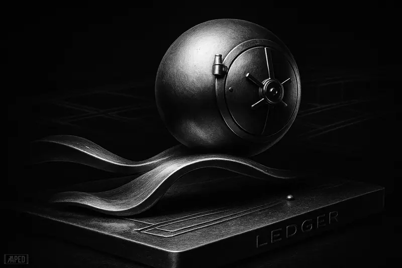 A giant metallic transfer orb glides over a dark ledger on ripple-like rails, while a tiny fee fragment underscores ultra-cheap settlement.