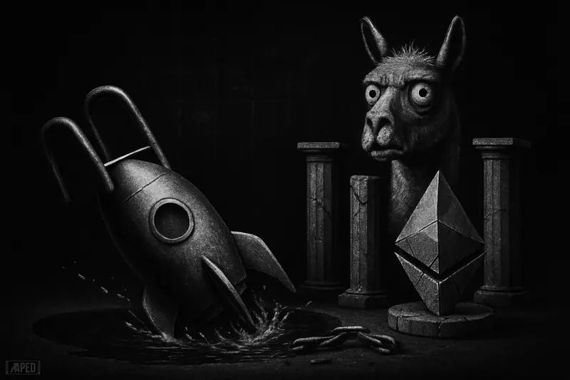 A sinking rocket-shaped pool structure and anxious llama stand in a dark grayscale DeFi scene with shattered staking symbols and a faint data grid.