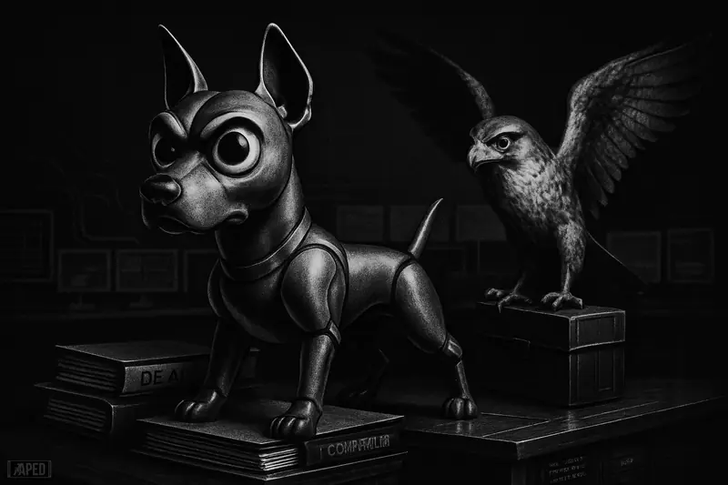 A robotic finance hound and a fierce venture falcon dominate a dark boardroom filled with AI infrastructure and institutional finance props.