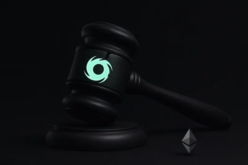 A luminous turquoise vortex of code enclosed in a cracked glass gavel above shadowy scales, on a black background.