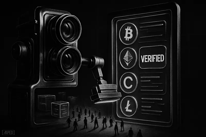 A futuristic verification machine turns static crypto profiles into transparent storefront displays as abstract crowds gather in a dark grayscale data-grid setting.