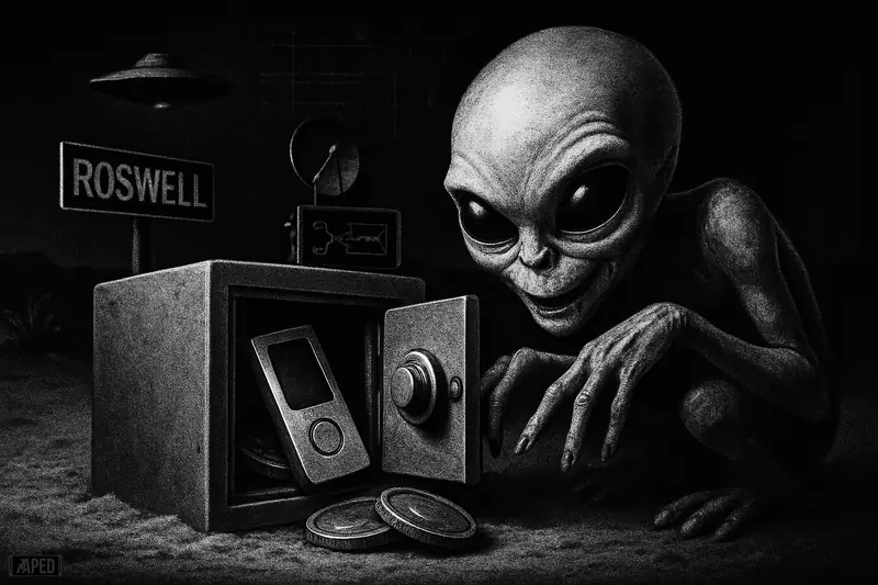 A grayscale alien caricature crouches by a small vault and hardware wallet in a dark Roswell desert under a faint saucer silhouette.