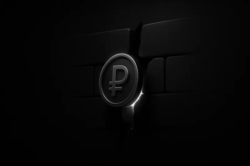 A dark metallic coin with a red glow passes through a fractured concrete wall, with thin circuit lines trailing behind.